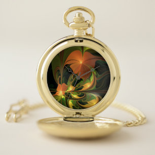 Fantasy Plant Abstract Green Rust Brown Fractal Pocket Watch