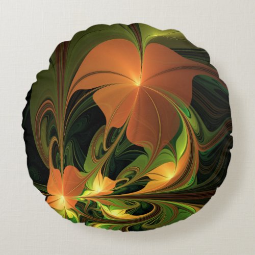 Fantasy Plant Abstract Green Rust Brown Fractal Round Pillow