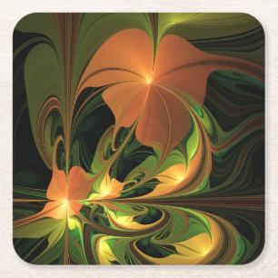 Fantasy Plant Abstract Green Rust Brown Fractal Square Paper Coaster