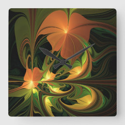 Fantasy Plant Abstract Green Rust Brown Fractal Square Wall Clock
