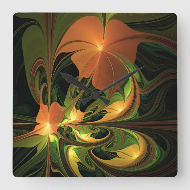 Fantasy Plant Abstract Green Rust Brown Fractal Square Wall Clock (Front)