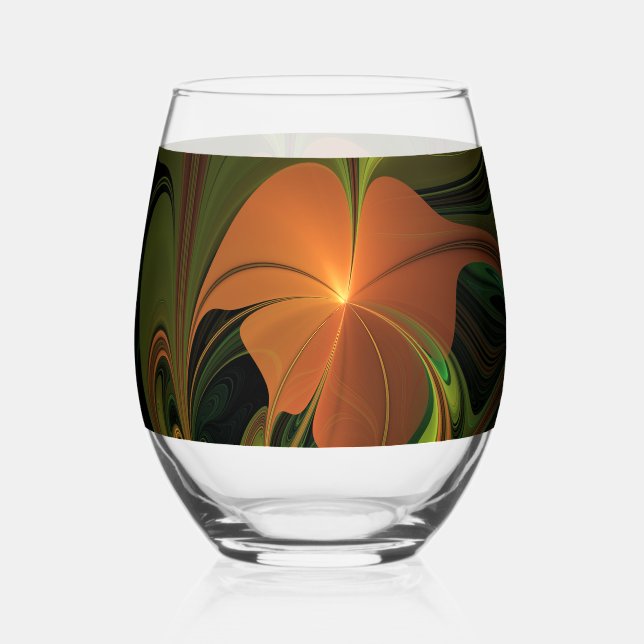Fantasy Plant Abstract Green Rust Brown Fractal Stemless Wine Glass (Front)