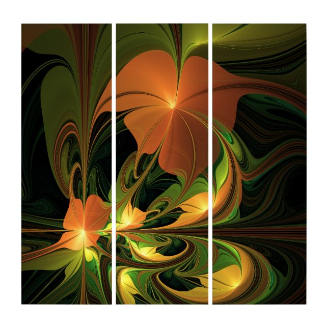 Fantasy Plant Abstract Green Rust Brown Fractal Triptych (Front)