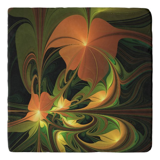Fantasy Plant Abstract Green Rust Brown Fractal Trivet (Front)