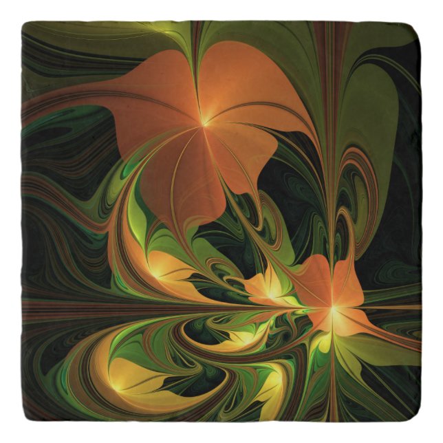 Fantasy Plant Abstract Green Rust Brown Fractal Trivet (Front)