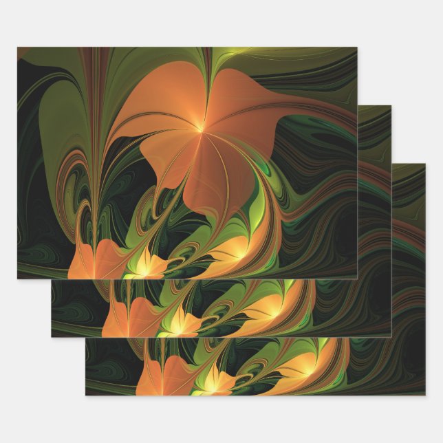 Fantasy Plant Abstract Green Rust Brown Fractal Wrapping Paper Sheets (Set)