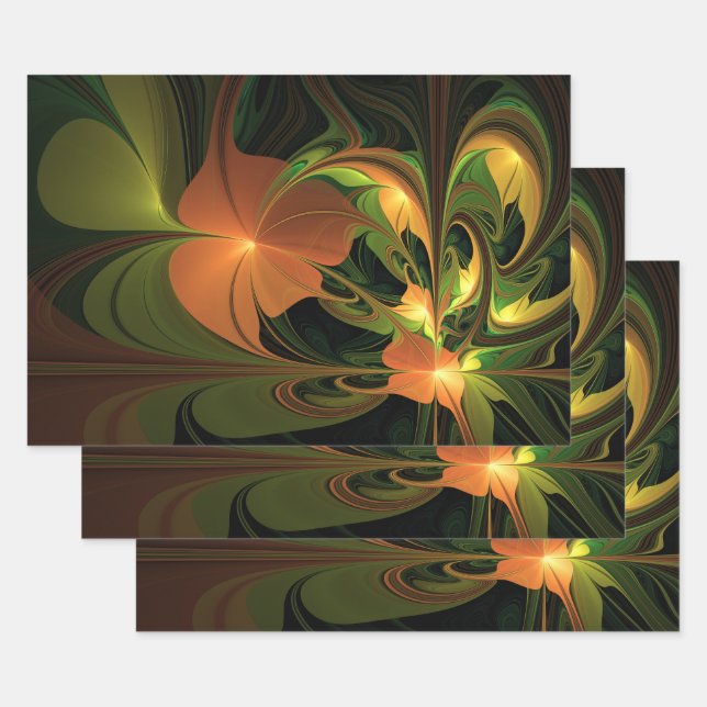 Fantasy Plant Abstract Green Rust Brown Fractal Wrapping Paper Sheets (Set)