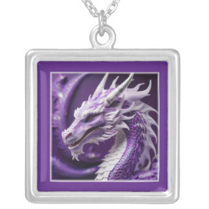 Fantasy Portrait Of A Purple & White Dragon Silver Plated Necklace