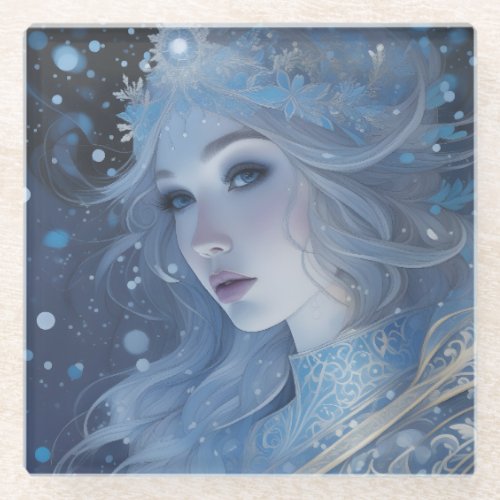 Fantasy Portrait of the Winter Snow Queen Glass Coaster