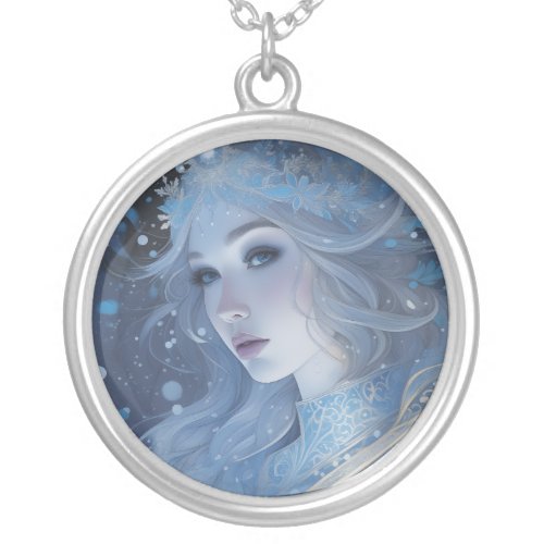 Fantasy Portrait of the Winter Snow Queen Silver Plated Necklace