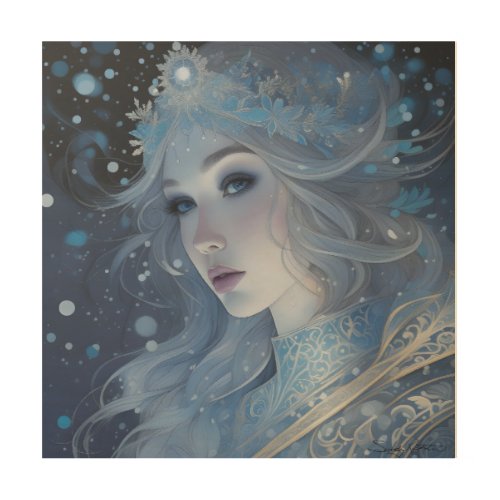 Fantasy Portrait of the Winter Snow Queen Wood Wall Art