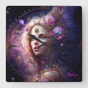 Fantasy Princess Purple Flowers Square Wall Clock