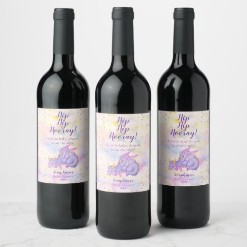 Fantasy Purple Girls Dragon Baby Shower Wine Label