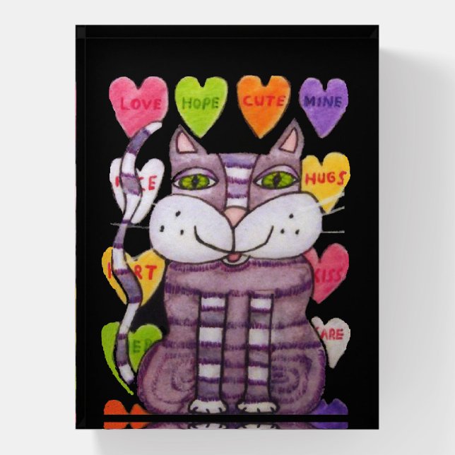 Fantasy Purple Striped Cat Candy Valentine Hearts Paperweight (Vertical)