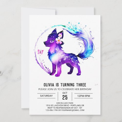 Fantasy Purple Wolf Digital Girl Birthday Invitation