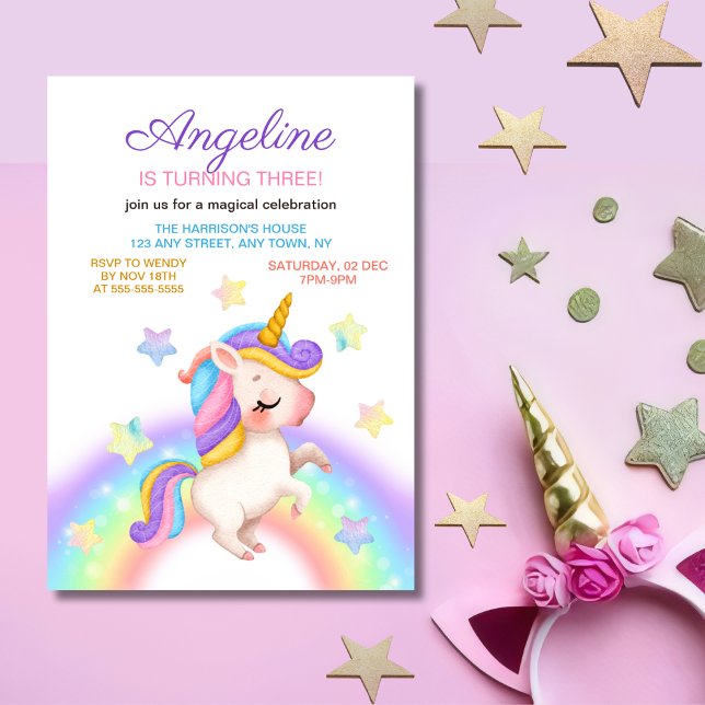 Fantasy Rainbow Stars Unicorn Girl Birthday  Invitation (Creator Uploaded)