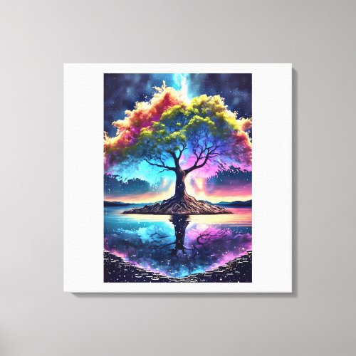 Fantasy Rainbow Tree on Island – Glowing Night Sky Canvas Print