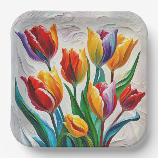 Fantasy Rainbow Tulip Bouquet Paper Plates (Front)