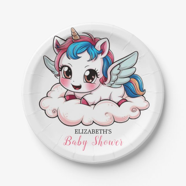 Fantasy Rainbow Unicorn Baby Shower Paper Plates (Front)