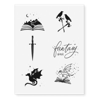 Fantasy reader collection with dagger dragon book temporary tattoos