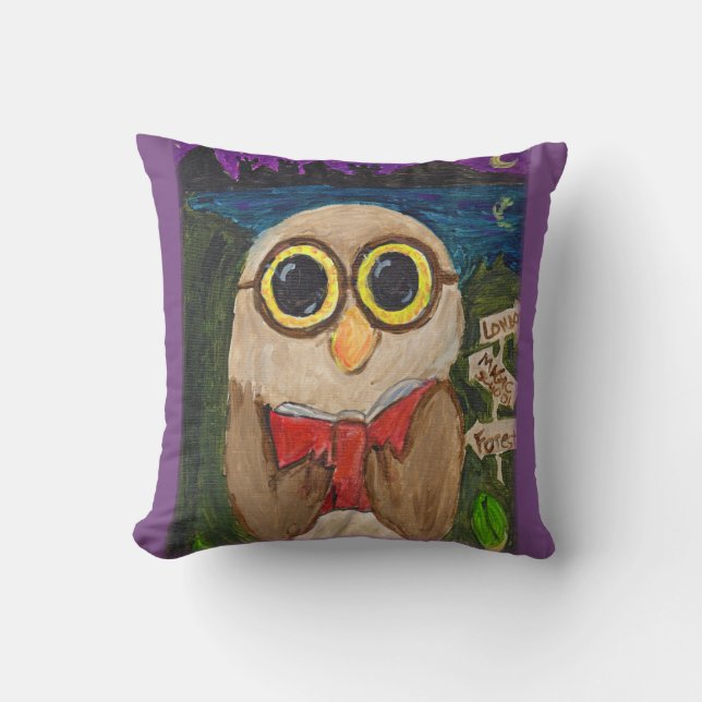 Fantasy Reader Owl Folk Art Throw Pillow (Front)