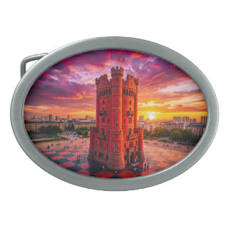 Fantasy Red Chess Castle Building On Checkerboard  Belt Buckle
