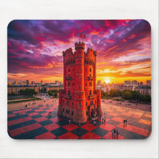 Fantasy Red Chess Castle Building On Checkerboard  Mouse Pad