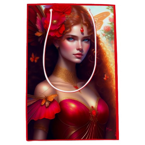 Fantasy Red Fairy Red Flowers Decoupage Medium Gift Bag