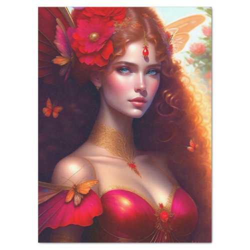 Fantasy Red Fairy Red Flowers Decoupage Tissue Paper