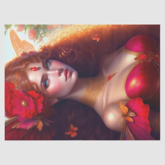 Fantasy Red Fairy Red Flowers Decoupage Tissue Paper (Front)