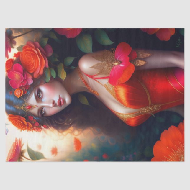 Fantasy Red Fairy Red Flowers Decoupage Tissue Paper (Front)