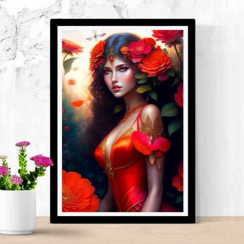 Fantasy Red Fairy Red Flowers Poster
