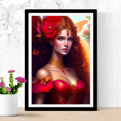 Fantasy Red Fairy Red Flowers Poster