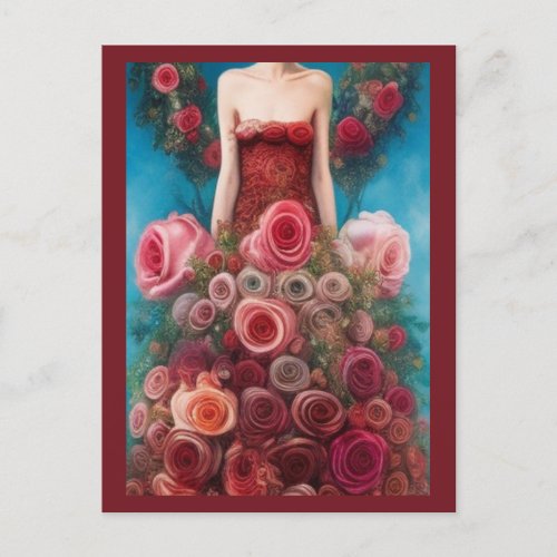 Fantasy Red Roses Wedding Dress Goth Bride Postcar Postcard