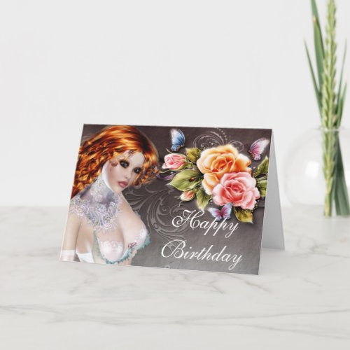 Fantasy Redhead with Roses Birthday Card