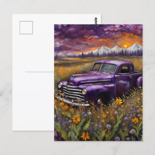 Fantasy Retro Purple Vechicle in a Mountain Meadow Postcard