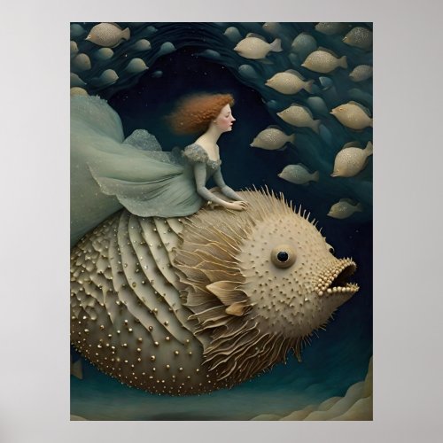 Fantasy Ride on a Pufferfish Poster