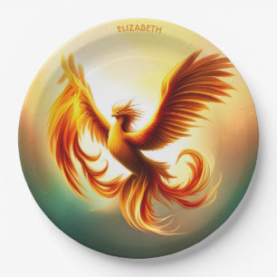 Fantasy Rising Golden Phoenix Art Deco Style Paper Plates