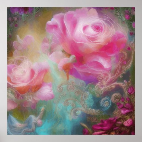 Fantasy Roses Painted In Pink Vintage Botanical  Poster