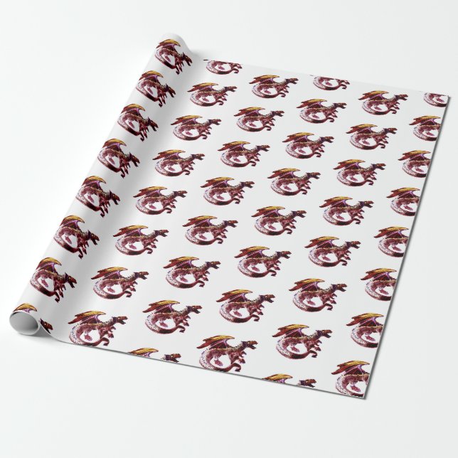 Fantasy Ruby Red Dragon White Background Mythical Wrapping Paper (Unrolled)