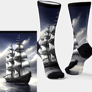 Fantasy Sailing Ship under Grey Skies Clouds Socks