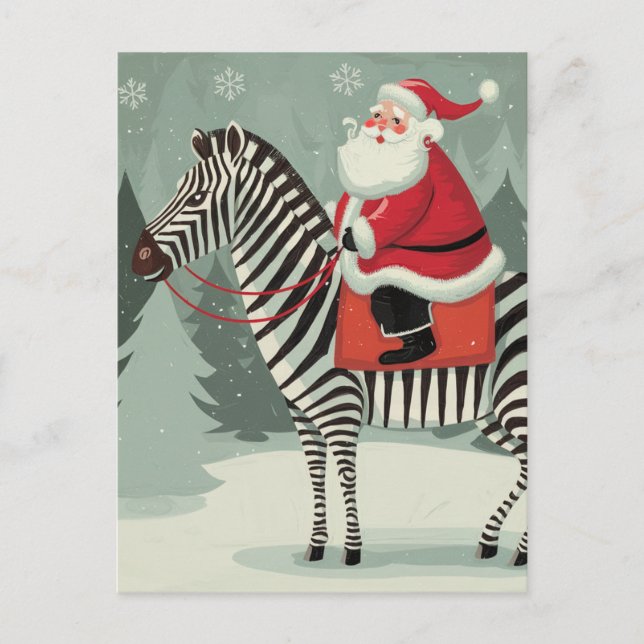Fantasy Santa and a Zebra Storybook Style Postcard (Front)