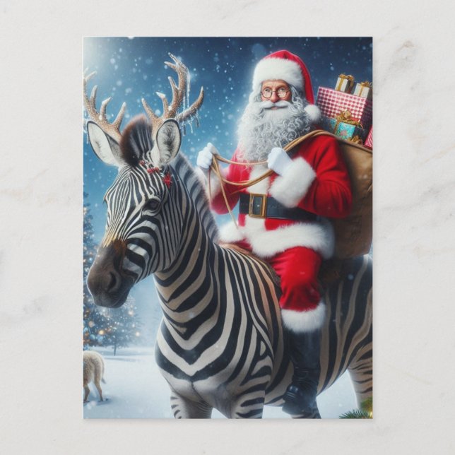 Fantasy Santa and a Zebra With Antlers Postcard (Front)
