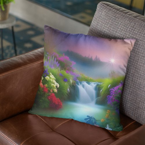 Fantasy Scene of a Misty Waterfall at Dusk Throw Pillow