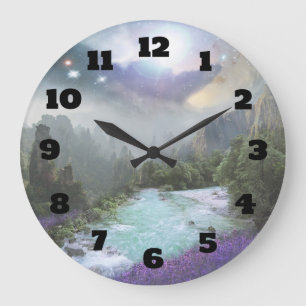 Fantasy Scenic Landscape with Rivers and Mountains Large Clock