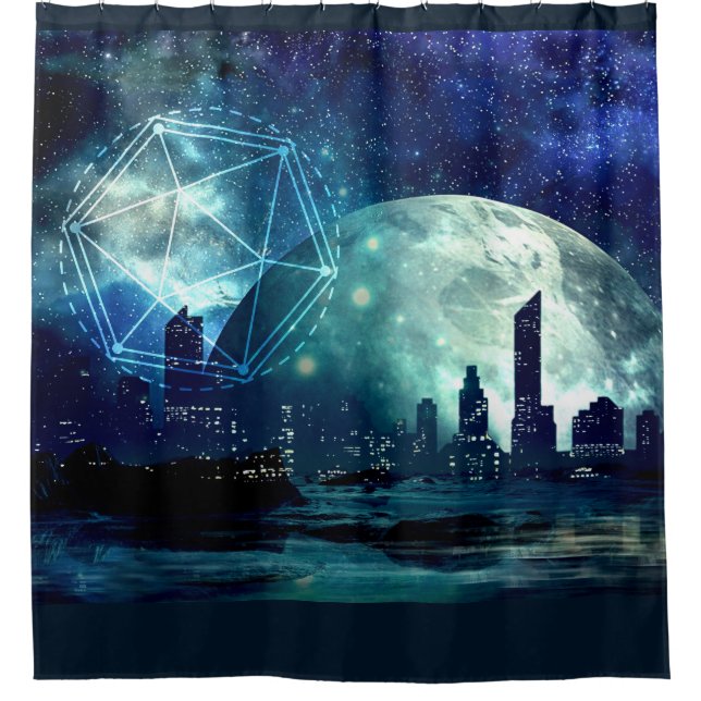 Fantasy Science Fiction City. Space Nebula Shower Curtain (Front)