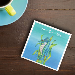 Fantasy Sea Dragon Aqua Blue in Seaweed on blues Paper Dinner Napkins