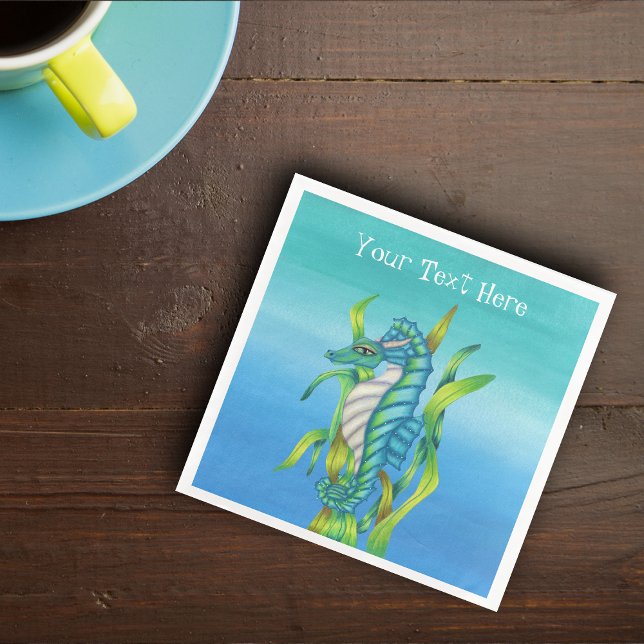 Fantasy Sea Dragon Aqua Blue in Seaweed on blues Paper Dinner Napkins (Fantasy sea dragon in aqua blue with horns green seaweed on blue paper party napkin.)