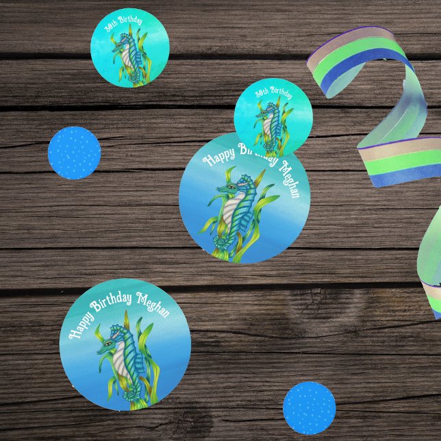 Fantasy Sea Dragon Shades of Blue Seaweed Bubbles Confetti (Fantasy sea dragon creature with seaweed on Birthday table confetti in shades of blues.)