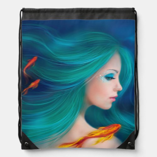 fantasy sea mermaid with red fishes drawstring bag